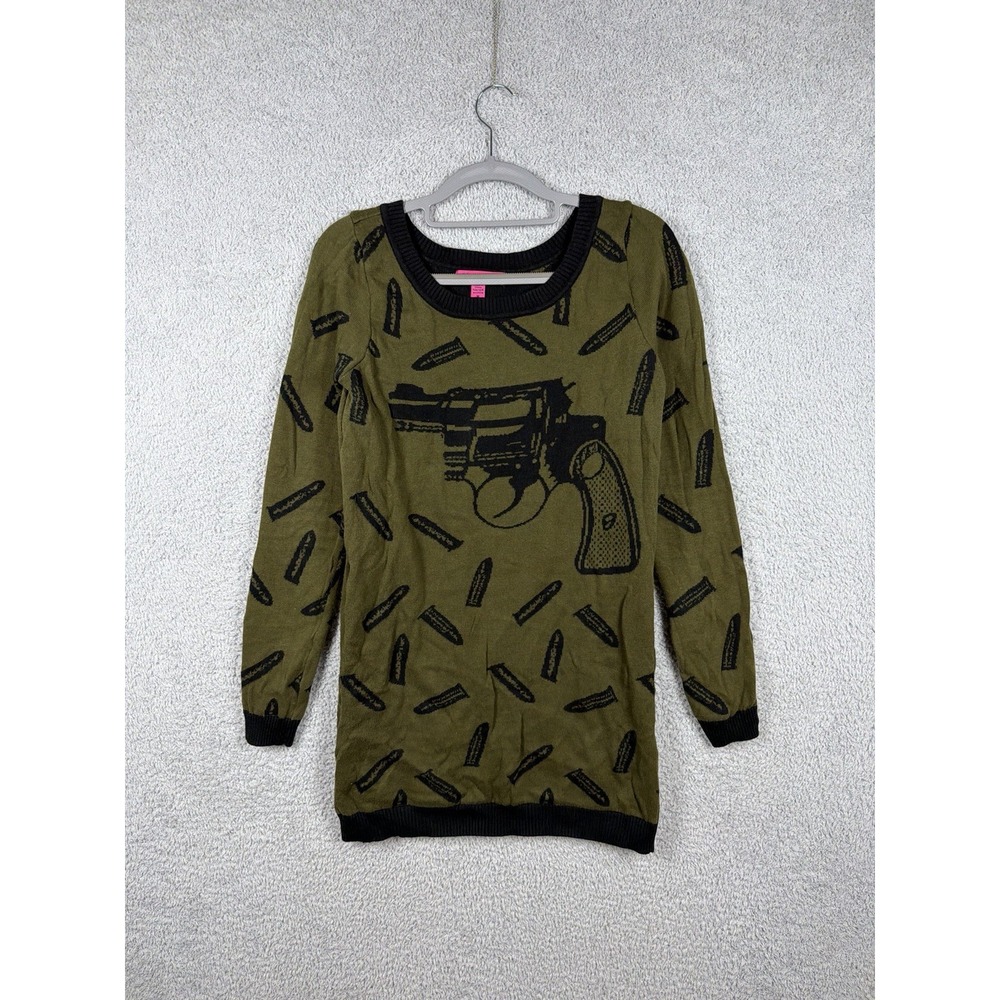 Vintage Betsey Johnson Sweater Dress Gun Bang Bang Intarsia Knit Tunic Size M